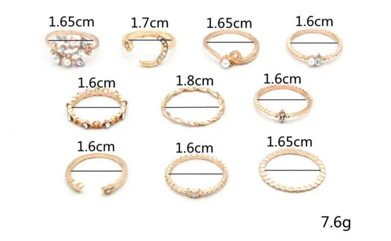 Enchanting gold-plated celestial-themed rings featuring stars, moons, and pearls