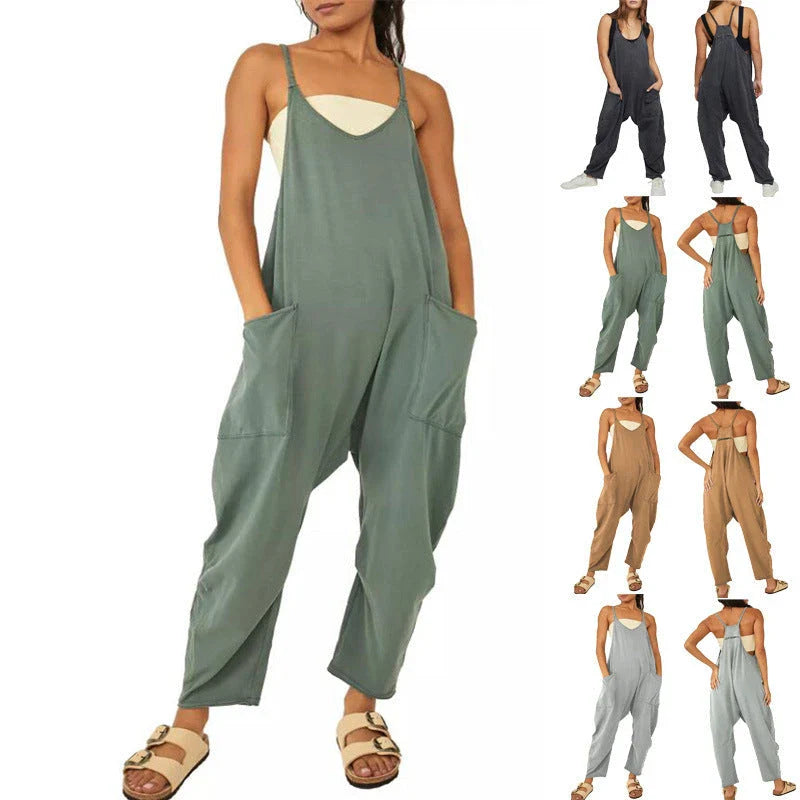 Sleeveless jumpsuit with spaghetti straps, pockets, and zipper closure in various colors