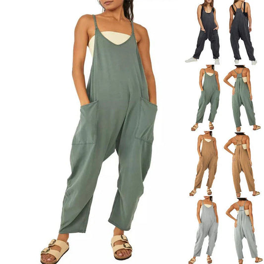 Sleeveless jumpsuit with spaghetti straps, pockets, and zipper closure in various colors