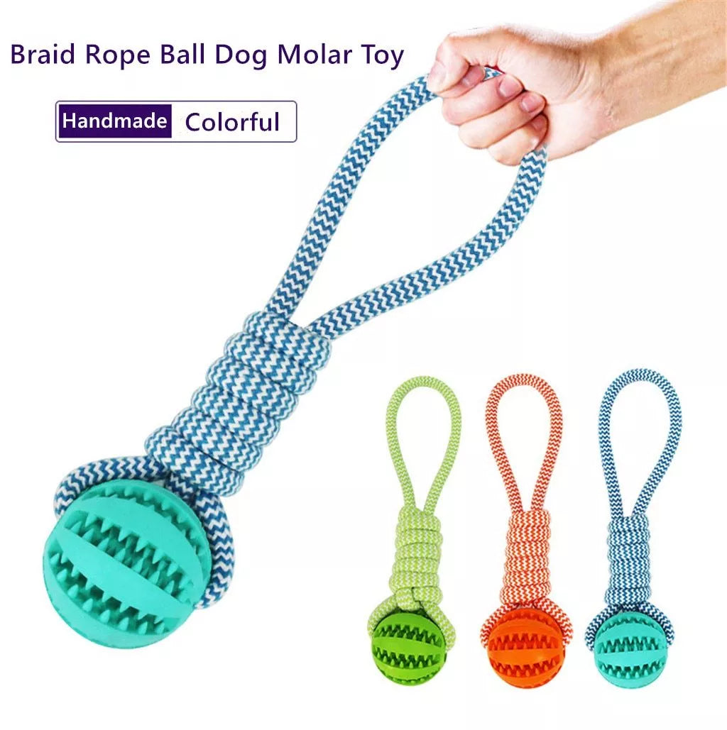 Interactive dog chew toy with rubber ball and cotton rope for dental health