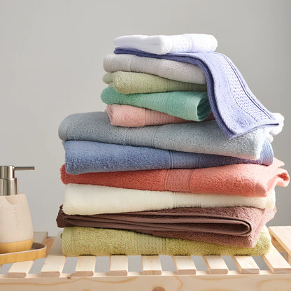 Three cotton towels: 33cm square, 32cm×73cm standard, 70cm×140cm bath towel in coordinated colours
