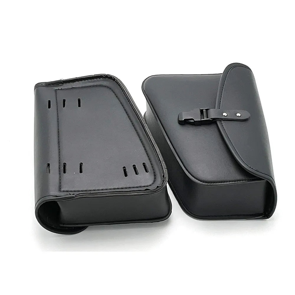Black PU leather motorcycle swingarm side saddlebag for Harley Sportster with dimensions 30x24x20cm