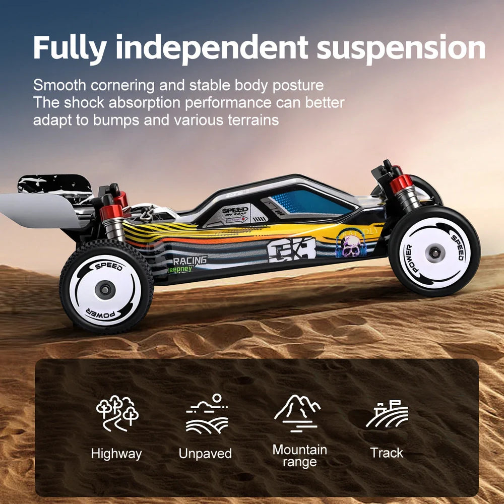 Black two-wheel drive remote control toy car with proportional steering and impact-resistant ABS plastic body