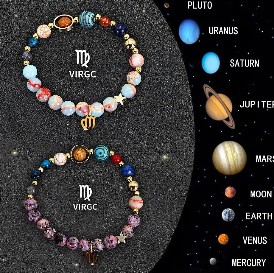 Twelve Zodiac Sign natural stone beaded bracelets with adjustable 20-24cm length showing distinct astrological designs