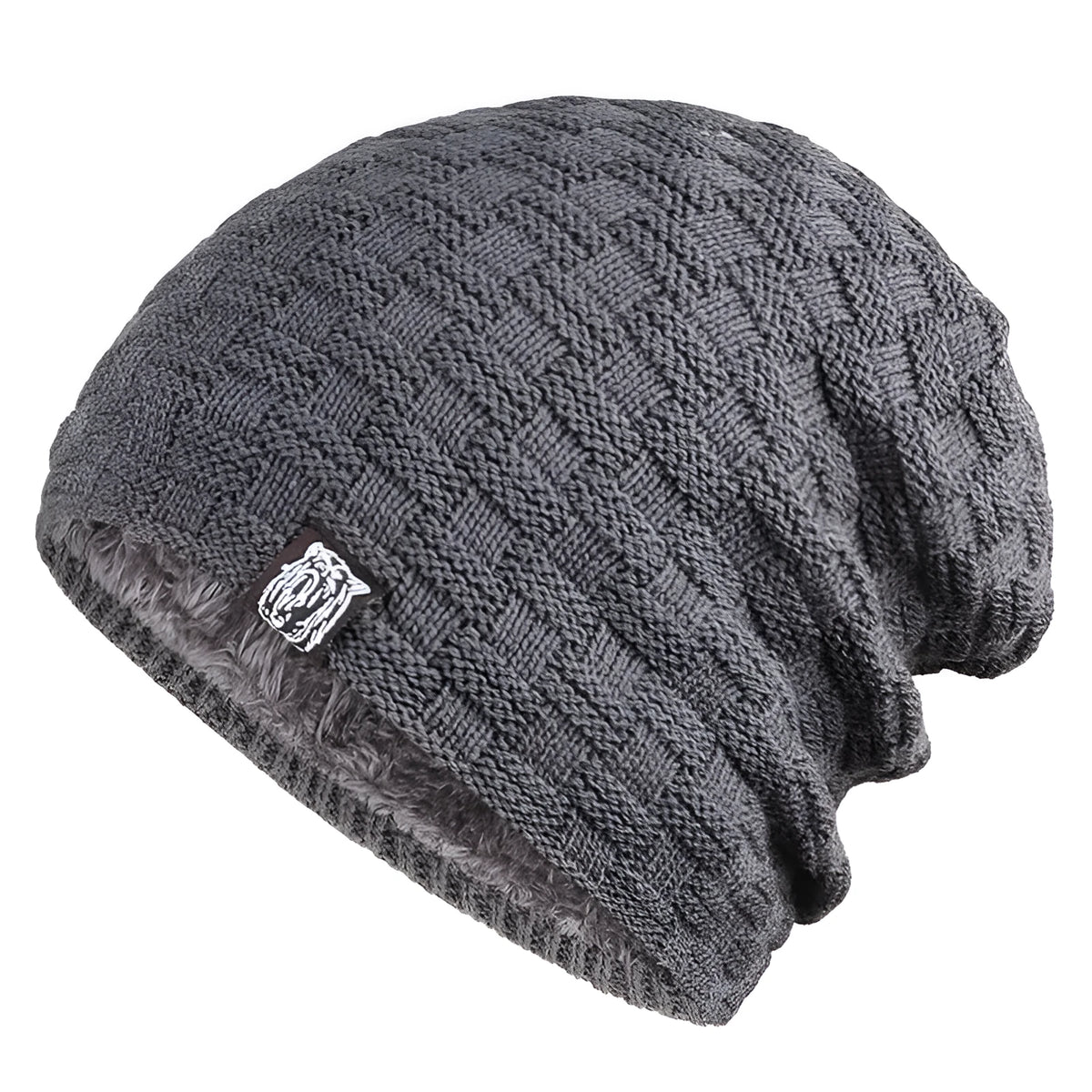 Tiger Label fleece warm men's hat in black, knitted cotton unisex beanie with fleece lining.