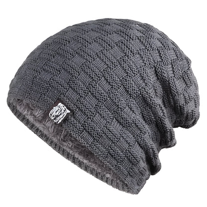 Tiger Label fleece warm men's hat in black, knitted cotton unisex beanie with fleece lining.