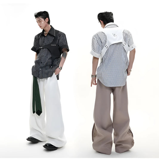 Men's black and white striped shirt with double collar design and short sleeves