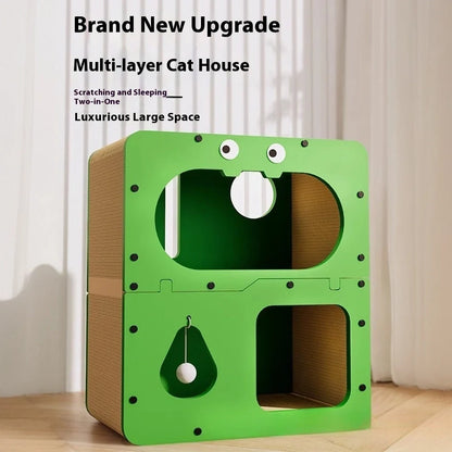 Double layer cat scratching board with owl design panel and integrated resting nest