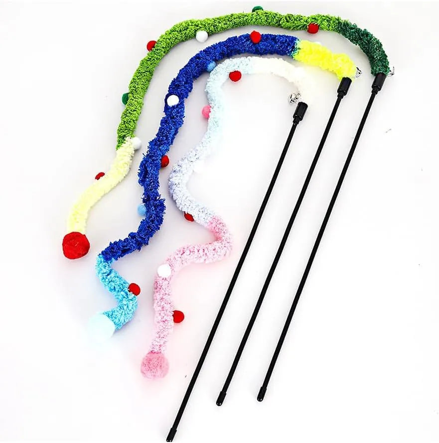 Blue interactive cat wand toy with a long plush strip, fluffy ball, and bell on a 41cm pole.
