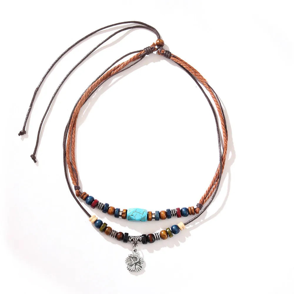 Men's wooden bead necklace with turquoise beads, wax rope cord and alloy geometric flower pendant