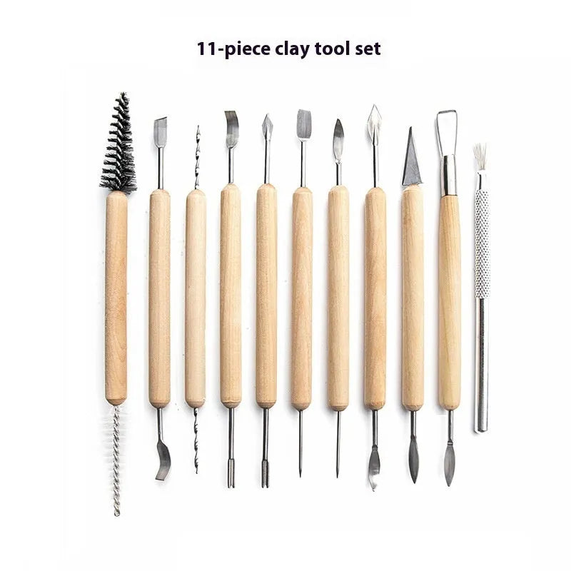 11-piece pottery clay tool set with wooden and stainless steel tools on a table.