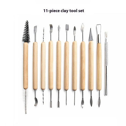 11-piece pottery clay tool set with wooden and stainless steel tools on a table.