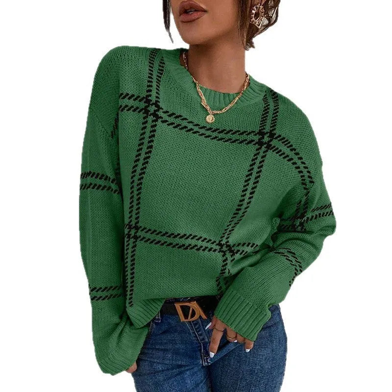Women's loose-fit plaid colour-block acrylic sweater with apricot, black, beige stripes.
