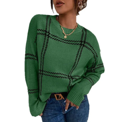Women's loose-fit plaid colour-block acrylic sweater with apricot, black, beige stripes.