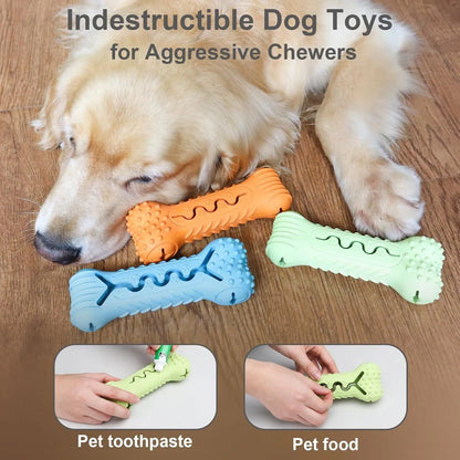Blue bone shape dog chew toy made from natural rubber with uneven surface for teeth cleaning