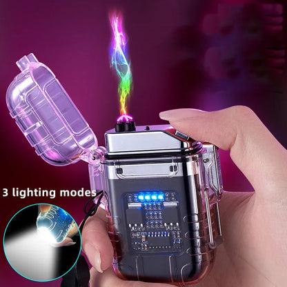 Transparent shell electronic lighter showing plasma arc with detachable pocket clip and paracord lanyard