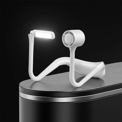 Lazy Hanging Neck Fan with USB charging port and built-in light, available in white and black