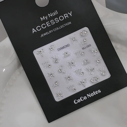 Constellation embossed nail sticker in MJ069 Gilding and MJ069 Hot Silver, ultra-thin seamless adhesive design for nail art.