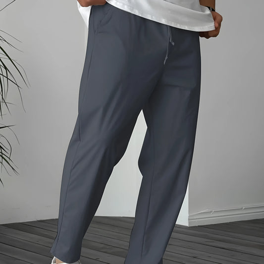 Men's khaki casual drawstring trousers with straight leg and ribbon detail on pockets