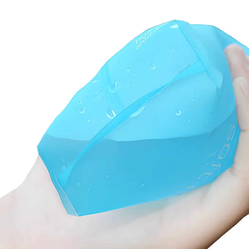 Sky blue folding TPU sports water bottle, 500ml capacity, leak-proof cap, collapsed view for portability