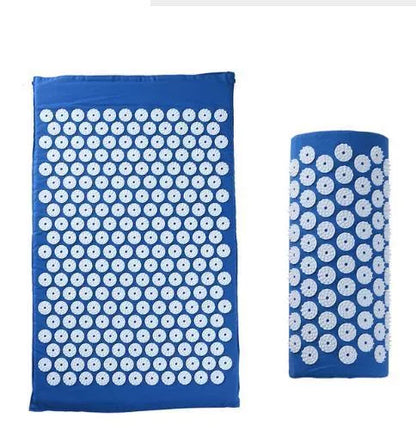 Acupuncture yoga cushion and pillow set with 210 pins for muscle relief, available in multiple colors.