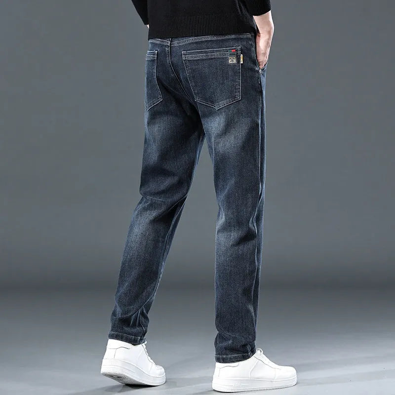 Blue grey slim straight trousers with micro-elasticity waistband on teenage model for summer street fashion