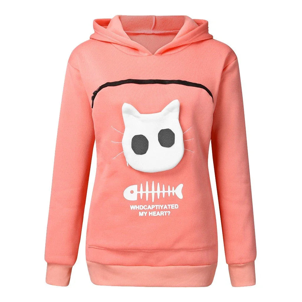 A cozy and stylish women's hooded sweatshirt with a unique cat-themed pocket design, available in a variety of vibrant colors.
