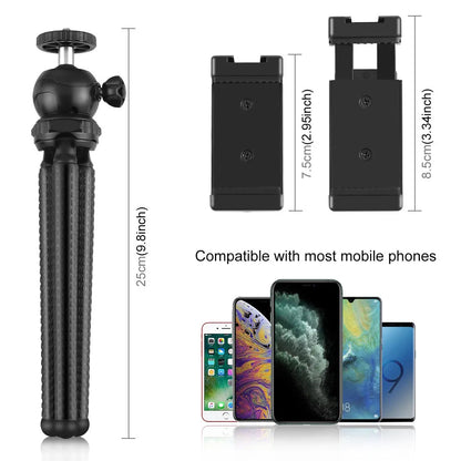 Black flexible phone tripod with integrated fill light and microphone for Apple iPhone live streaming