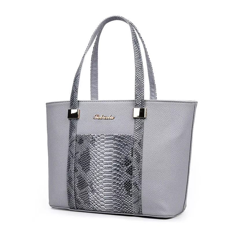 Women's stylish shoulder bag with zipper closure and multiple pockets in light gray, black, off-white, and rose red.