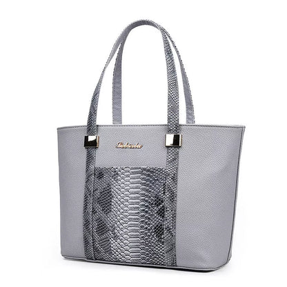 Women's stylish shoulder bag with zipper closure and multiple pockets in light gray, black, off-white, and rose red.