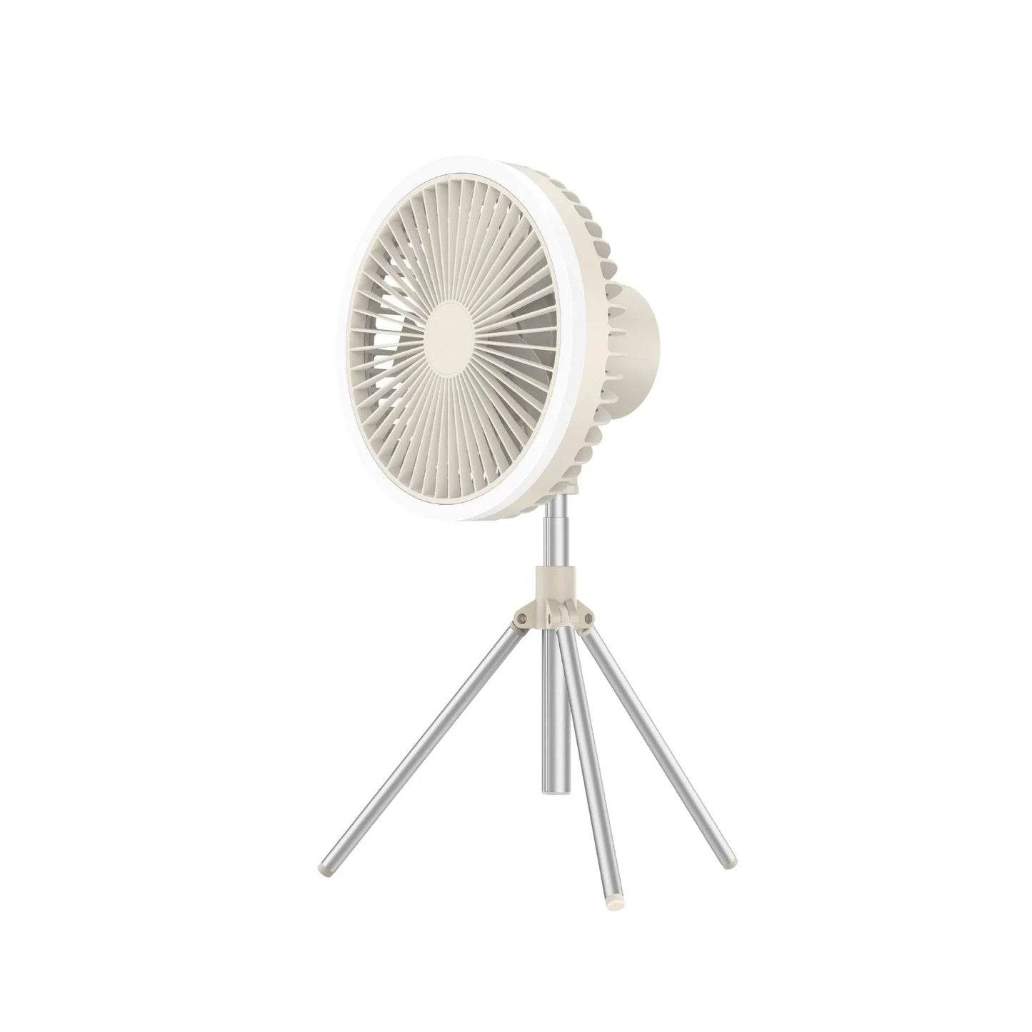 Versatile USB Rechargeable Camping Fan with Tripod Stand and Lantern, offering a premium aluminum alloy construction, 3-in-1 design, and powerful brushless motor for a refreshing outdoor experience.