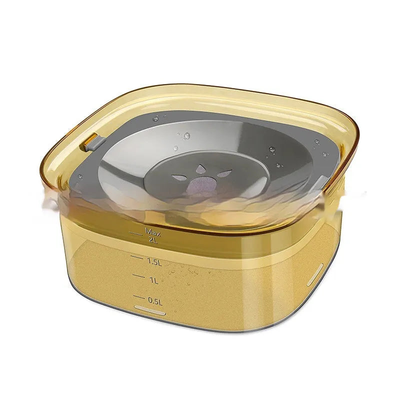 Transparent 2L dog water bowl with floating slow-feeding disk and non-slip base