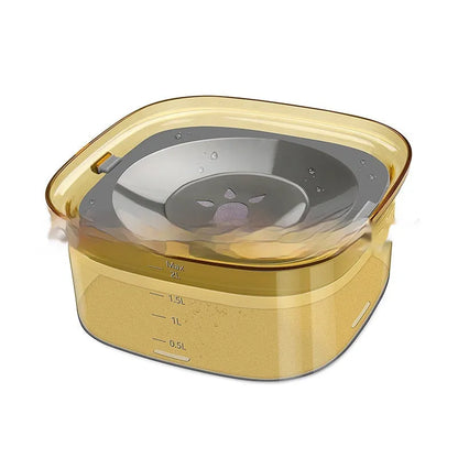 Transparent 2L dog water bowl with floating slow-feeding disk and non-slip base