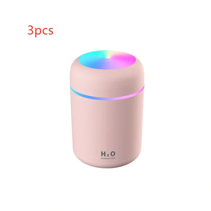 Compact USB car humidifier with colourful LED light and 300ml water tank for vehicle use