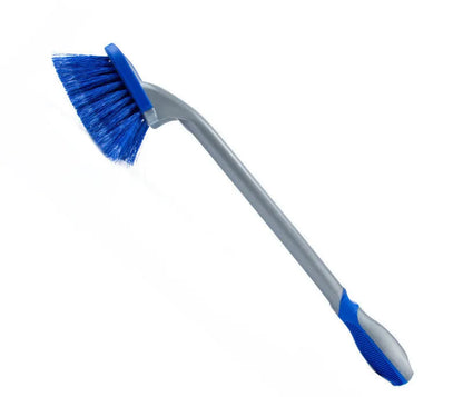 Car tire wheel brush with long handle and twisted yarn bristles for wheel hub cleaning.