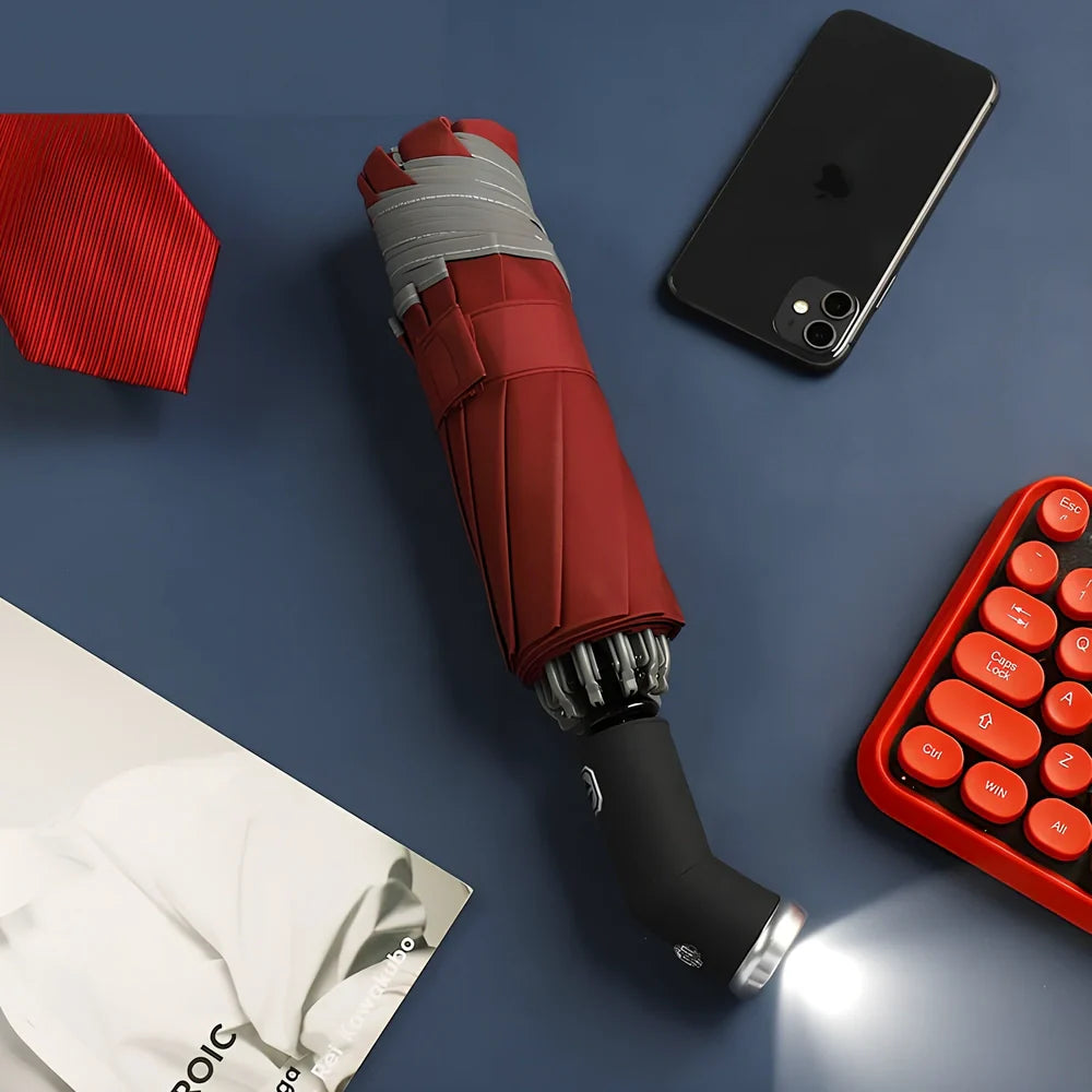 Automatic reverse umbrella showing open 105cm canopy and compact 30cm folded size