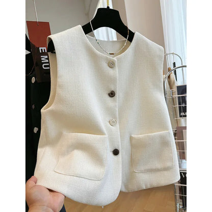 Women's round-neck sleeveless bandage vest in milky white, shown on a model.