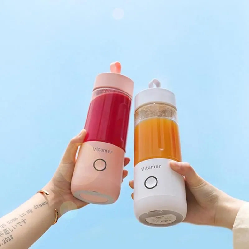 White portable USB rechargeable blender bottle with silicone carrying ring, 350ml capacity.
