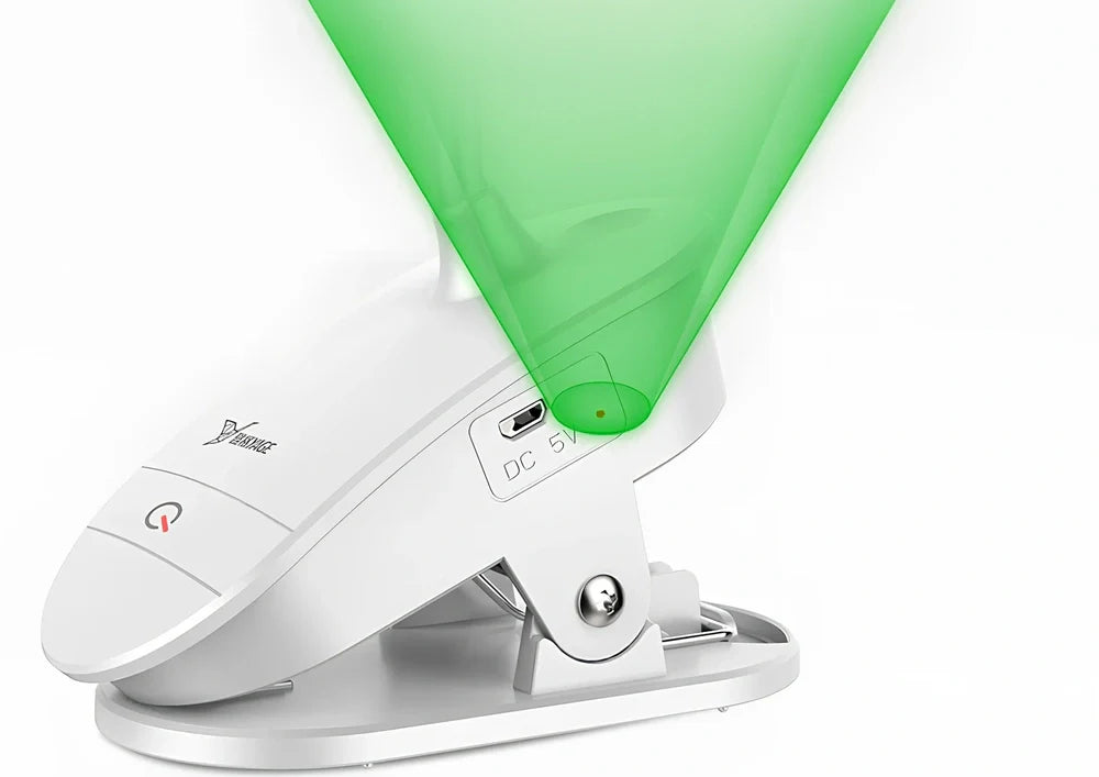 Porcelain white LED clip desk lamp with USB charging, 15cm tall for reading and eye protection