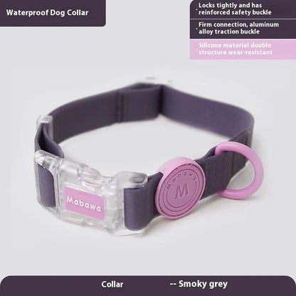 Nylon dog collar and hand holding rope in smoky gray, new green, lemon yellow, and rose pink colour options.