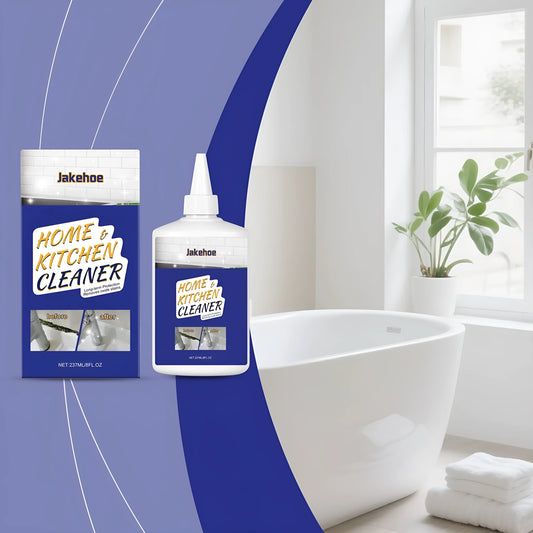 237ml bottle of thick blue decontamination gel for bathroom and kitchen cleaning on a sink.