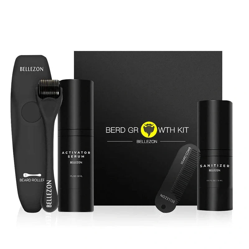 Beard Growth Essentials Kit with micro-needle roller, beard growth essence, and specialized comb for thicker, fuller beard