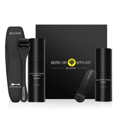 Beard Growth Essentials Kit with micro-needle roller, beard growth essence, and specialized comb for thicker, fuller beard