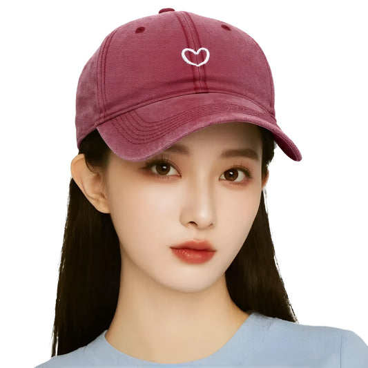 Adjustable cotton baseball cap with embroidered retro love design in various colours.