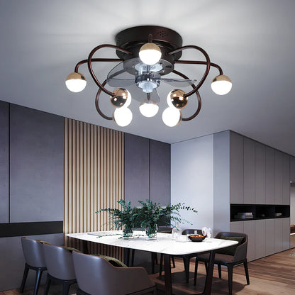 Ceiling fan light with metal blades and iron-plastic lampshade in coffee gold finish