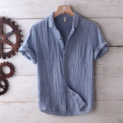 Men's solid color retro distressed linen shirt in white, blue, and gray