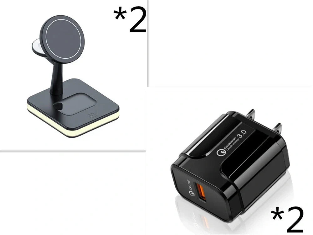 Black three-in-one wireless charger magnetic bracket on a desk charging multiple devices