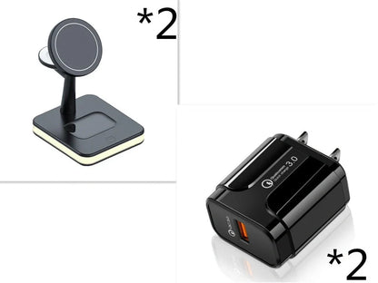 Black three-in-one wireless charger magnetic bracket on a desk charging multiple devices
