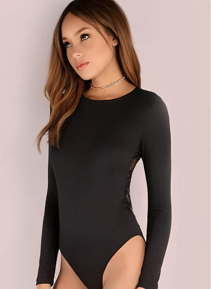 Black lace halter nightdress with eyelash detailing along Siamese seams, showing stretch fabric