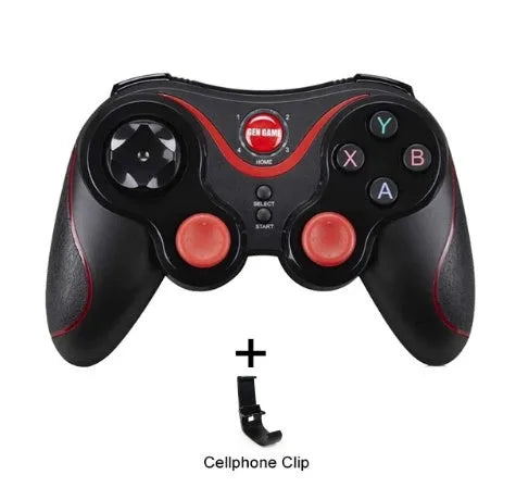 Upgraded X3 Bluetooth wireless game controller with mobile phone clip attached, showing textured grips and button layout